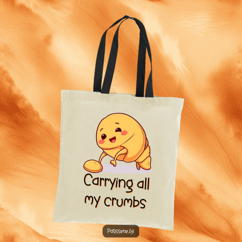 Funny Croissant Tote Bag depicting a smiling croissant character tripping, perfect for carrying essentials with a humorous and relatable vibe.