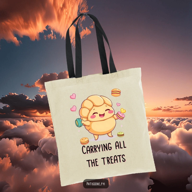 Funny Croissant Tote Bag showcasing a plump croissant character giggling and juggling macarons, great for daily use.