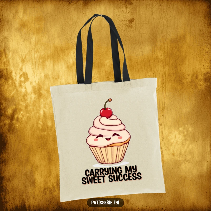 Funny tote bag showcasing a cheerful cupcake character winking while holding a cherry aloft, perfect for carrying treats and smiles.