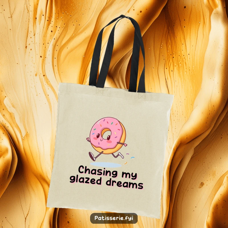 Funny Donut Tote Bag: A happy donut runs fast, leaving sprinkles, perfect for carrying essentials with humor.