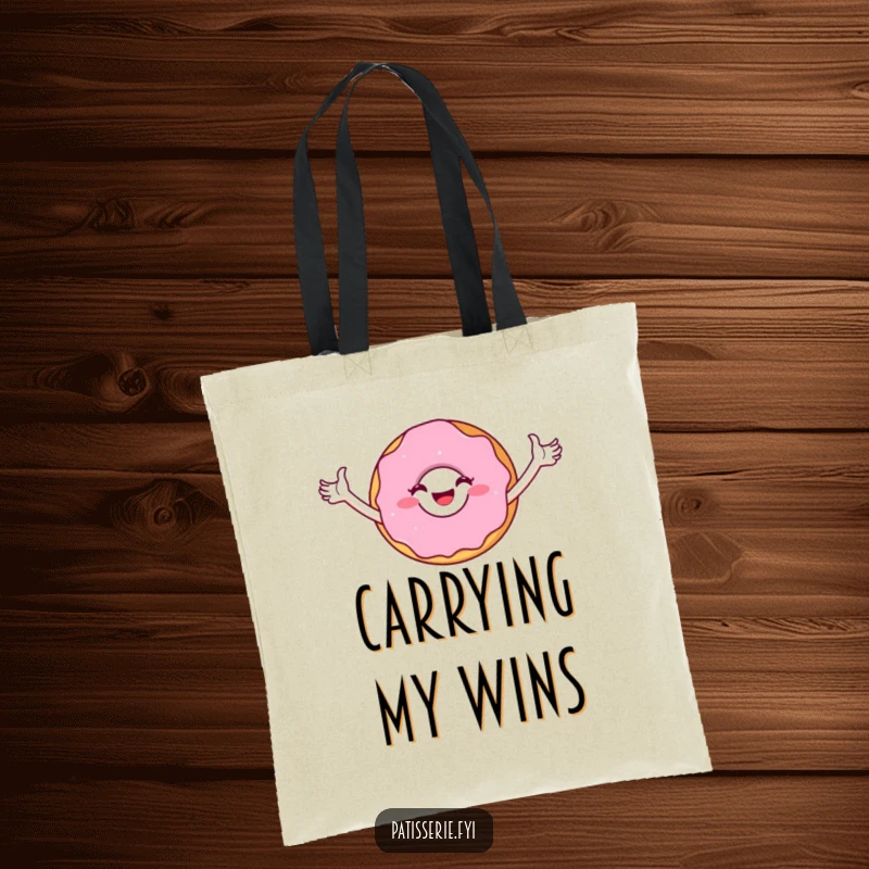 Funny Tote Bag: A joyful donut character striking a victorious pose, ready to carry your essentials with pride.