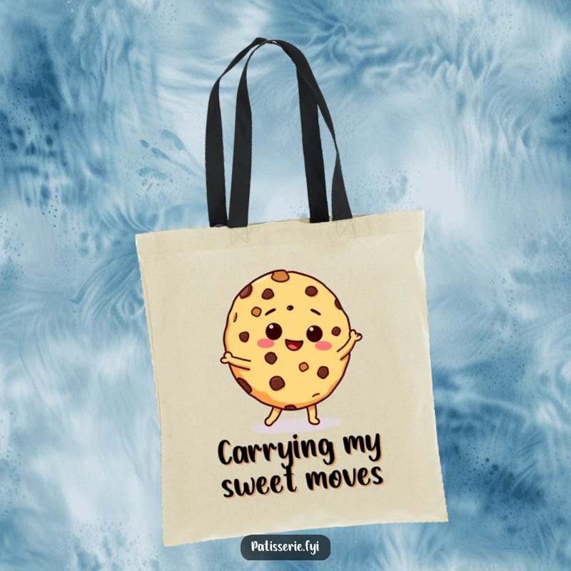 Funny tote bag with a giddy chocolate chip cookie performing a silly, energetic dance, perfect for carrying groceries with a smile.