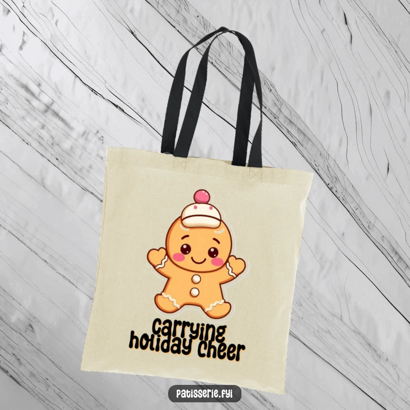 Funny gingerbread cookie tote bag featuring a smiling character waving hello, topped with a jaunty cap, for stylish and humorous carrying.