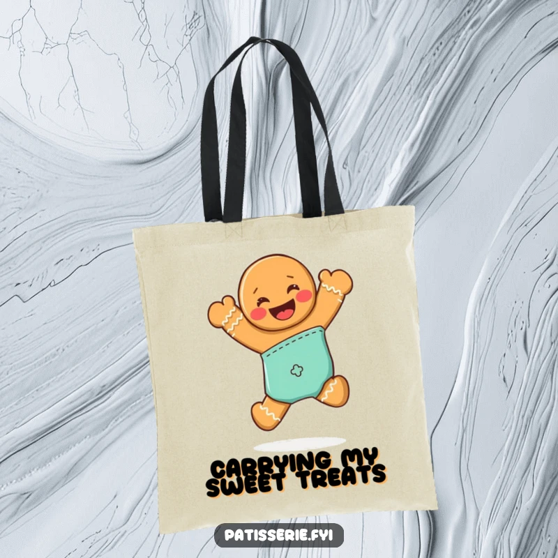 Funny tote bag with a grinning gingerbread man leaping joyfully out of an oven mitt, celebrating treats.