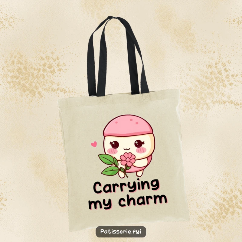 Funny macaron character with rosy cheeks blushing and holding a flower, on a practical tote bag for sweet and humorous use.