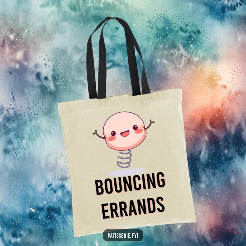 Funny tote bag featuring a joyful macaron bouncing with enthusiasm on a spring, great for everyday use.
