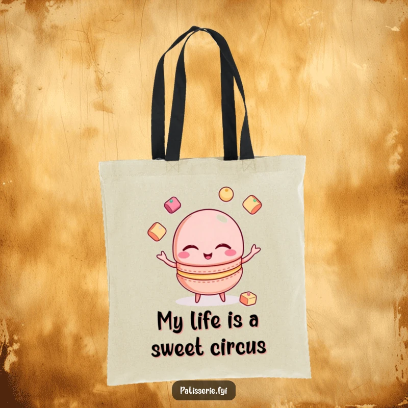 Funny Macaron Tote Bag: A winking macaron juggles sugar cubes, perfect for carrying treats with humor.