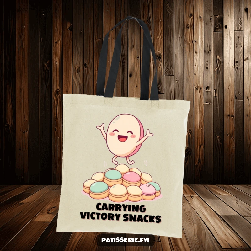 Funny macaron tote bag with a joyful macaron character leaping ecstatically over a generous pile of delectable cream puffs.