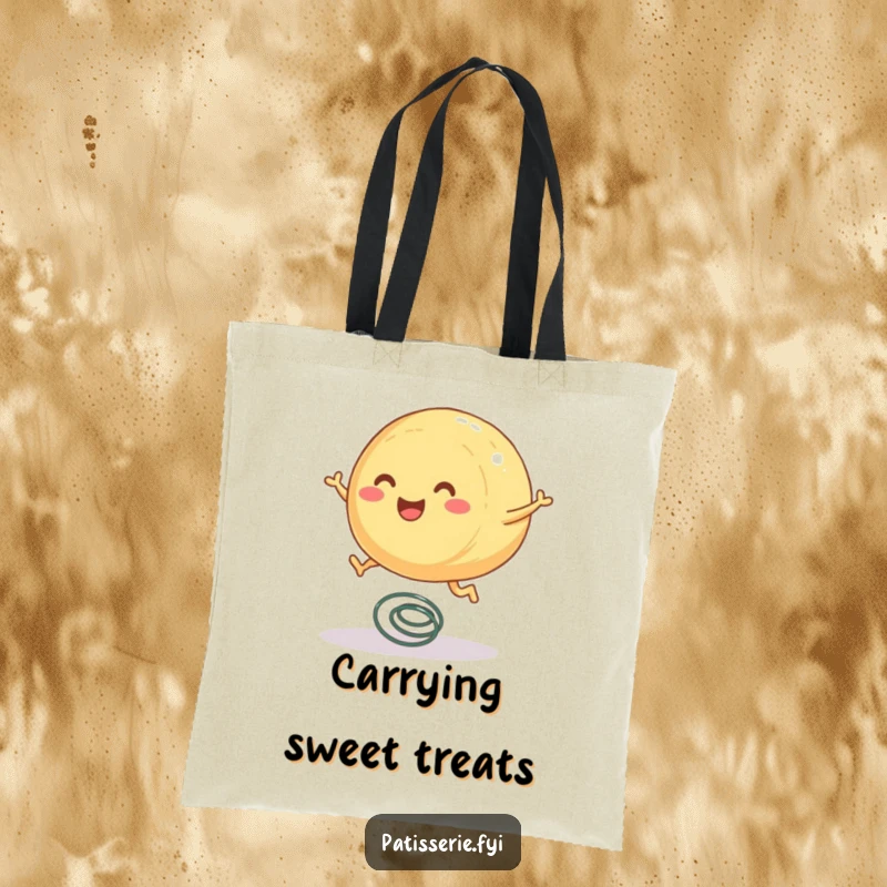 Funny pastry tote bag showcasing a round, smiling pastry character with tiny legs joyfully bouncing on a spring.
