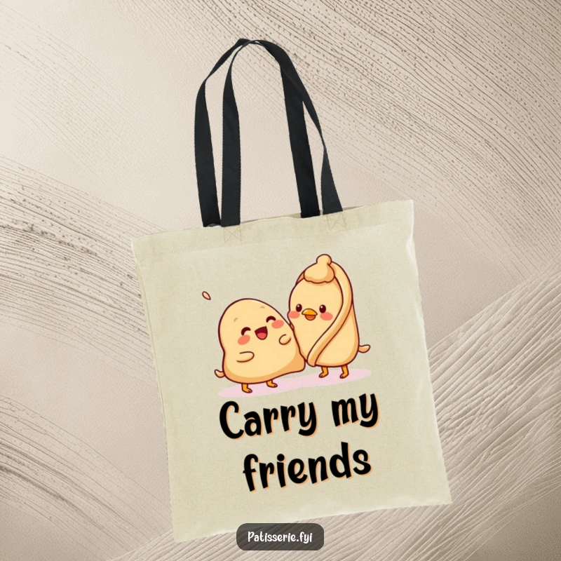 Funny samosa tote bag, beaming, attempting to pat a confused chickpea, cute and whimsical, perfect for shopping.