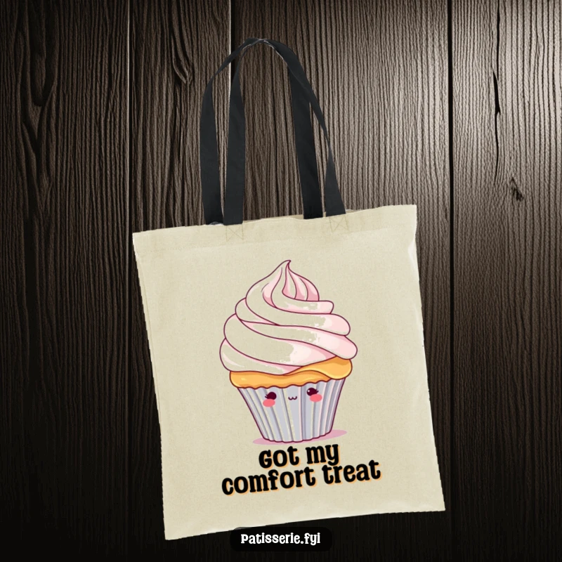 Funny shy cupcake tote bag showcasing a bashful cupcake character peeking adorably from under a huge swirl of whipped cream.