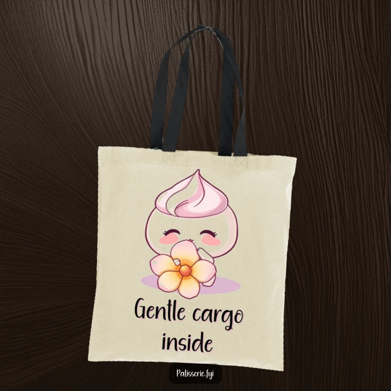 Funny Meringue Kiss Tote Bag showing a happy meringue kissing a flower petal, a sweet and humorous accessory for a funny gift.